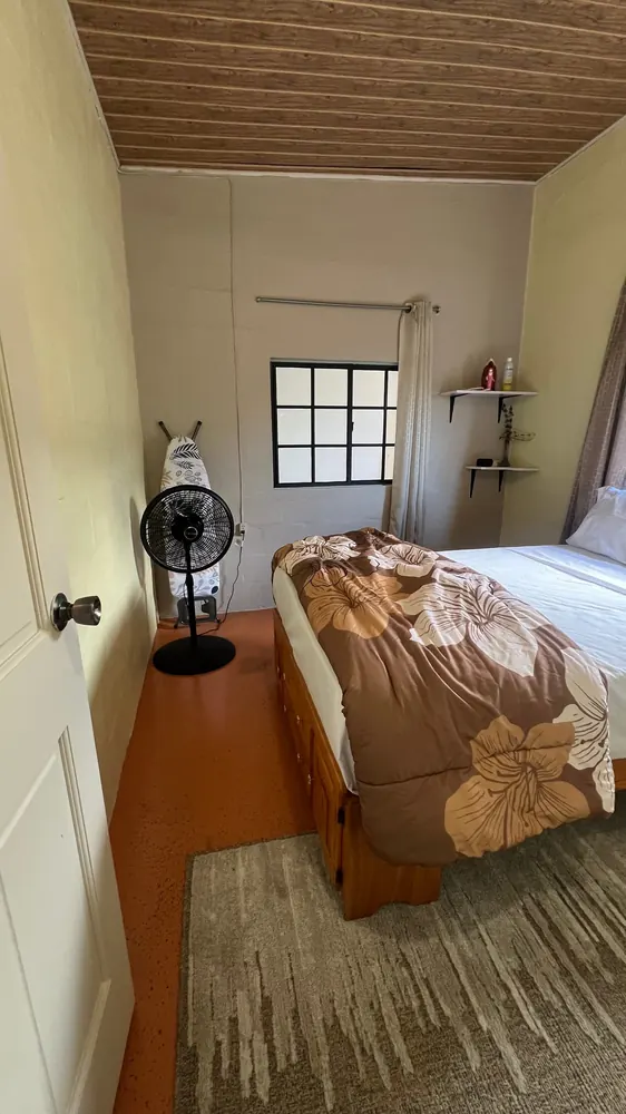 Another view of the second bedroom with a fan, bedside shelf and rug.